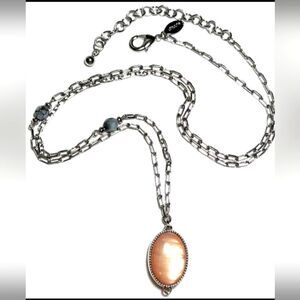 Vtg Jewelry Necklace SIGNED CHICO'S Silver Tn Chain Moon Glow Pink Flip 33"-37"